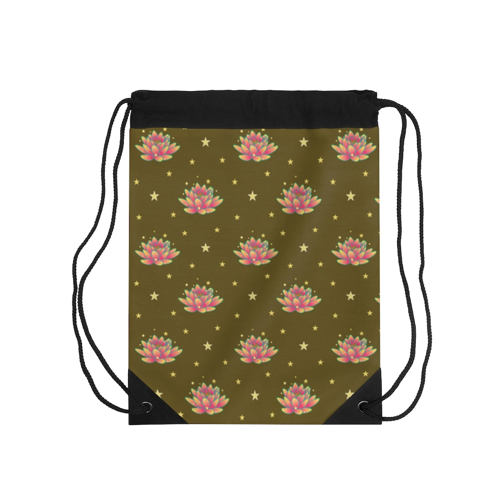 Magical Lotus Dark Golden Drawstring Bag