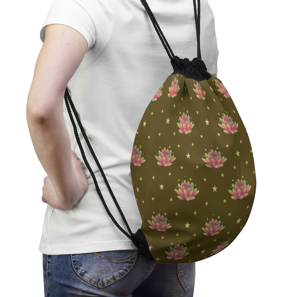 Magical Lotus Dark Golden Drawstring Bag